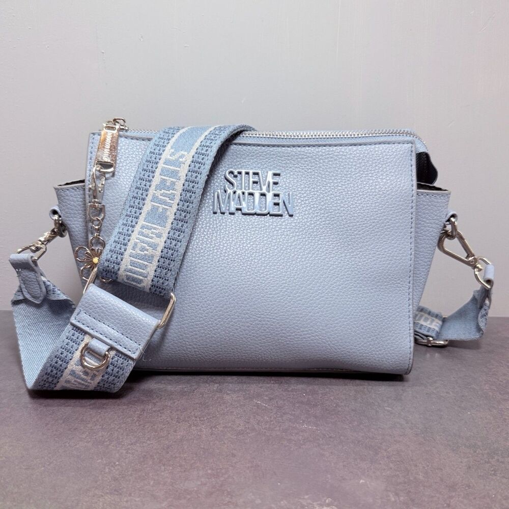 Steve Madden Blexi Crossbody Bag Powder Blue Logo Webbing Strap Medium
